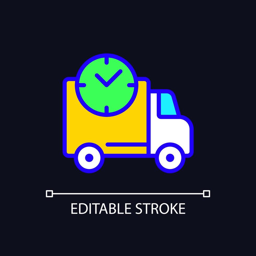Shipping time pixel perfect RGB color icon for dark theme. Delivery service information. Online shopping. Simple filled line drawing on night mode background. Editable stroke. Arial font used vector
