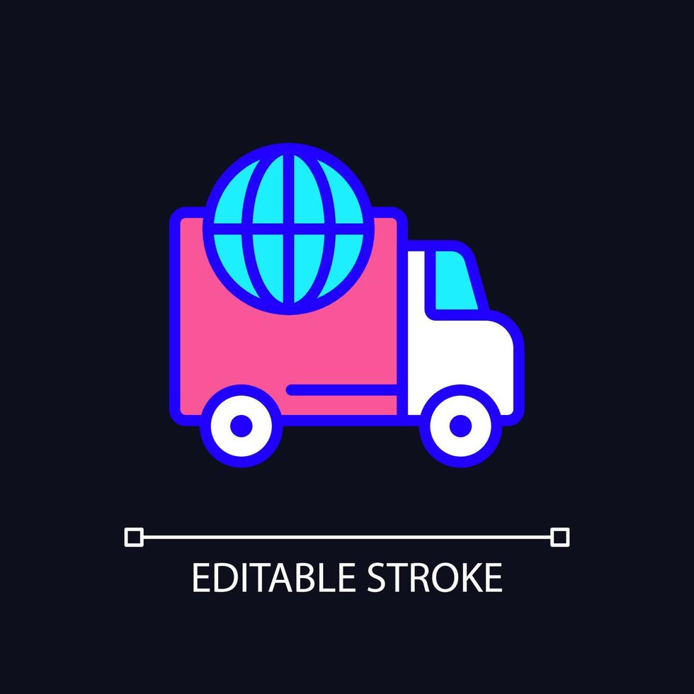 International delivery pixel perfect RGB color icon for dark theme. Worldwide shipment. Import and export. Simple filled line drawing on night mode background. Editable stroke. Arial font used vector