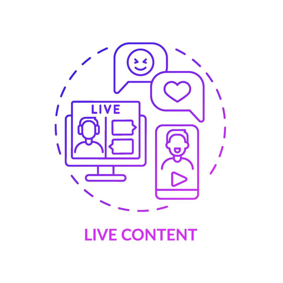 Live content purple gradient concept icon. Communication with audience. Modern marketing trend abstract idea thin line illustration. Isolated outline drawing. Myriad Pro-Bold font used vector
