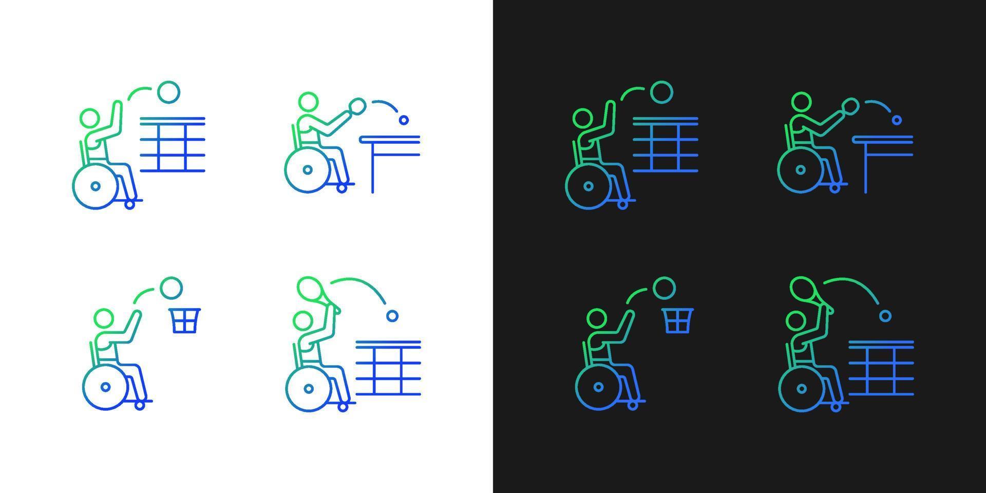 Adaptive wheelchair sports gradient icons set for dark and light mode. Sportsman with disability. Thin line contour symbols bundle. Isolated vector outline illustrations collection on black and white