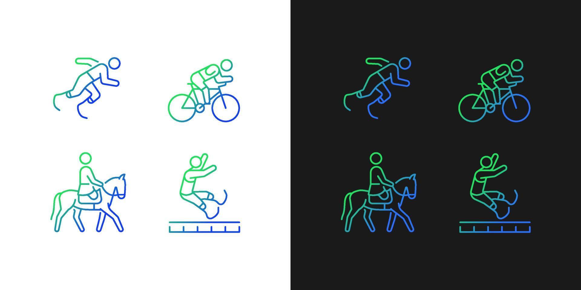 Adaptive sports gradient icons set for dark and light mode. Sportsman with prosthesis. Thin line contour symbols bundle. Isolated vector outline illustrations collection on black and white