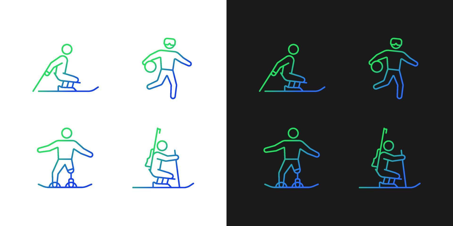 Winter season athletics gradient icons set for dark and light mode. Disabled sportsmen. Thin line contour symbols bundle. Isolated vector outline illustrations collection on black and white