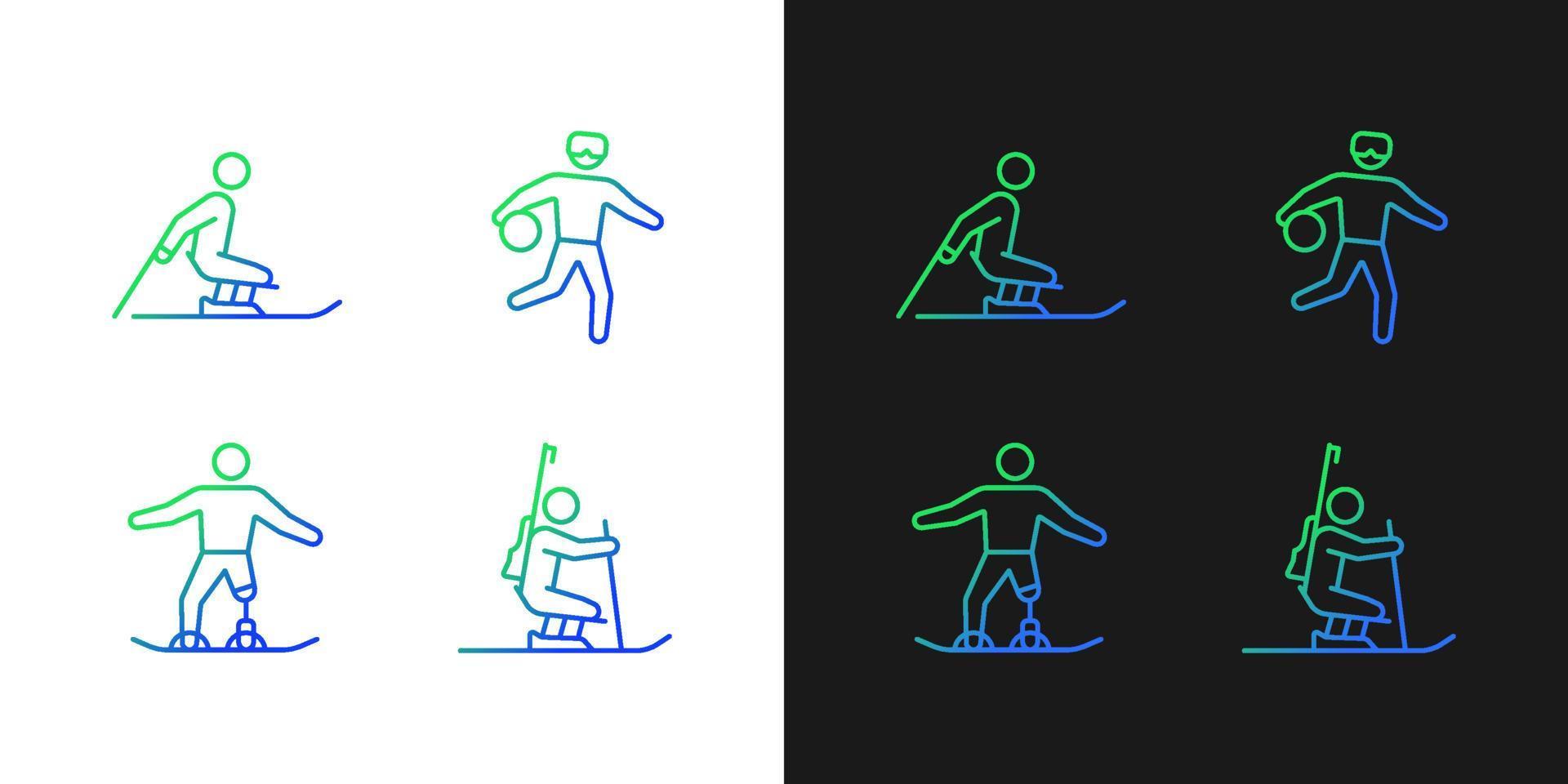 iconos de gradiente de atletismo de temporada de invierno establecidos para modo oscuro y claro. deportistas discapacitados. paquete de símbolos de contorno de línea delgada. colección de ilustraciones de contorno vectorial aislado en blanco y negro vector