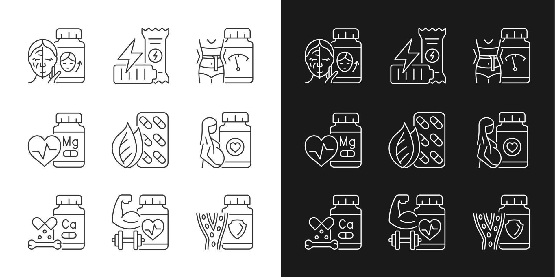 Food supplements linear icons set for dark and light mode. Dietary supplements for women. Nutrient compounds. Customizable thin line symbols. Isolated vector outline illustrations. Editable stroke