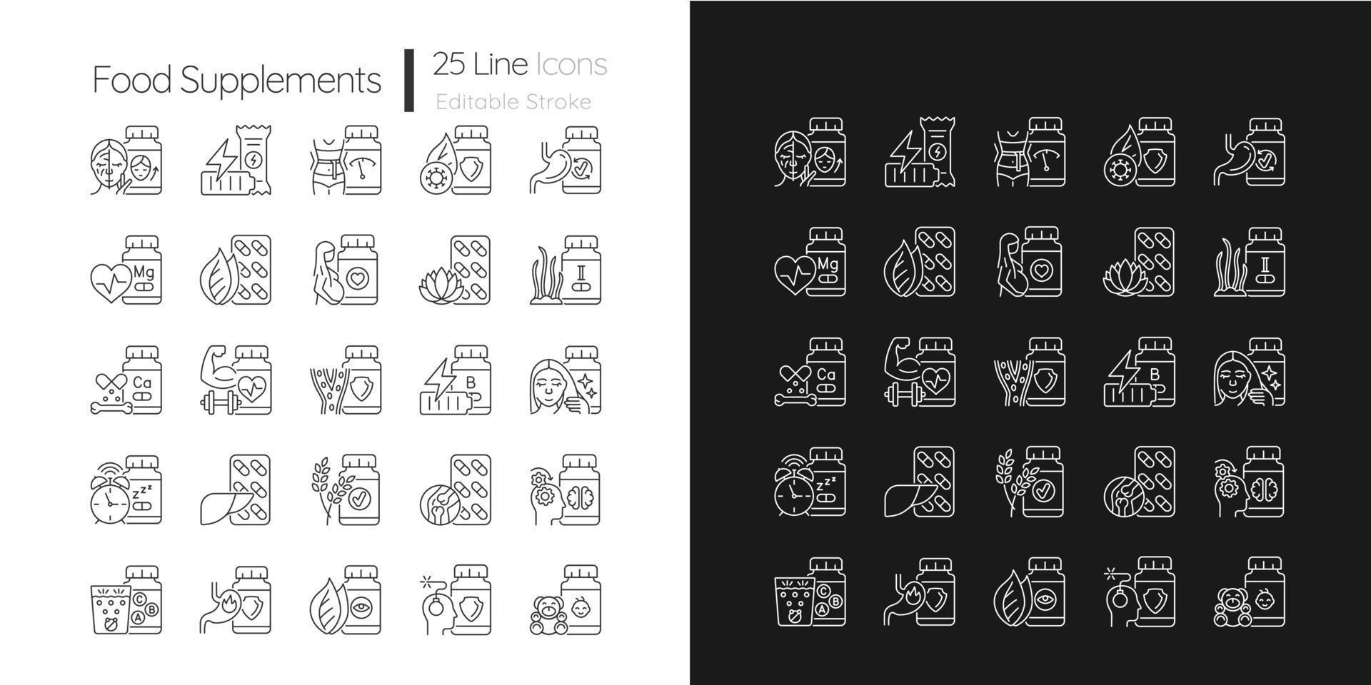 Food supplements linear icons set for dark and light mode. Dietary supplements for healthy lifestyle. Customizable thin line symbols. Isolated vector outline illustrations. Editable stroke