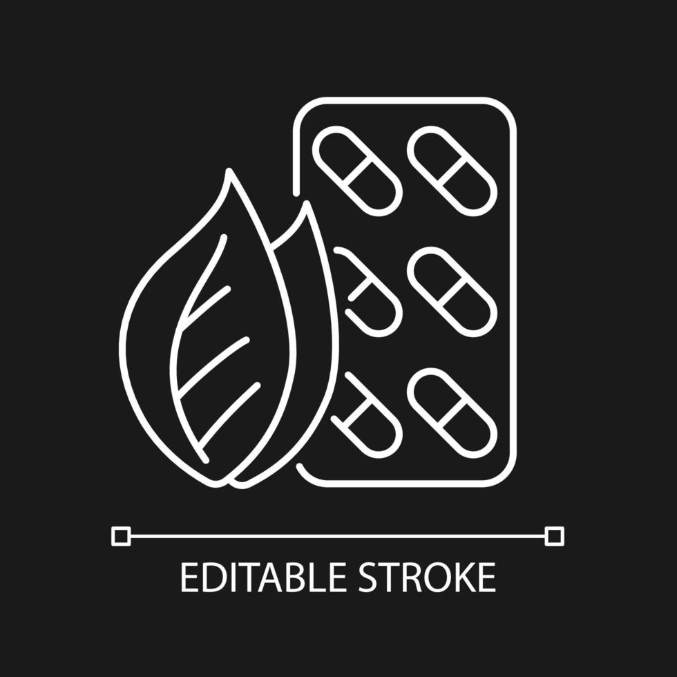 Herbal supplements white linear icon for dark theme. Phytomedicine. Botanical products. Thin line customizable illustration. Isolated vector contour symbol for night mode. Editable stroke