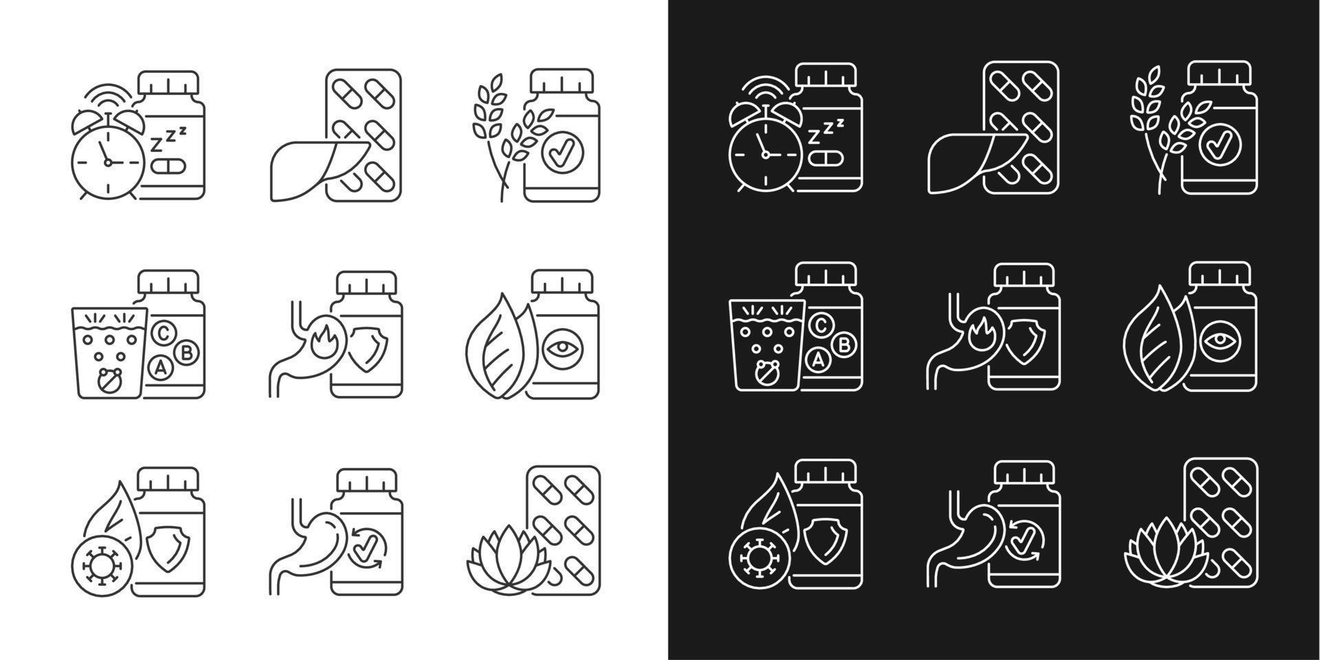 Food supplements linear icons set for dark and light mode. Dietary products for health. Digestive medicine. Customizable thin line symbols. Isolated vector outline illustrations. Editable stroke