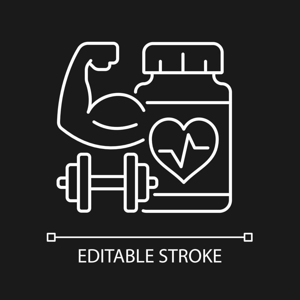 Cardiovascular supplements for athletes white linear icon for dark theme. Workout supplements. Thin line customizable illustration. Isolated vector contour symbol for night mode. Editable stroke