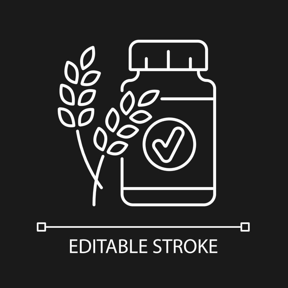 Fiber white linear icon for dark theme. Healthy digestion. Soluble and insoluble fiber medication. Thin line customizable illustration. Isolated vector contour symbol for night mode. Editable stroke