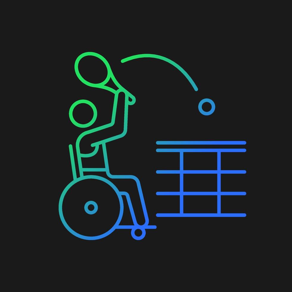 Wheelchair tennis gradient vector icon for dark theme. Competitive team sport. Adaptive tennis. Athlete with disability. Thin line color symbol. Modern style pictogram. Vector isolated outline drawing