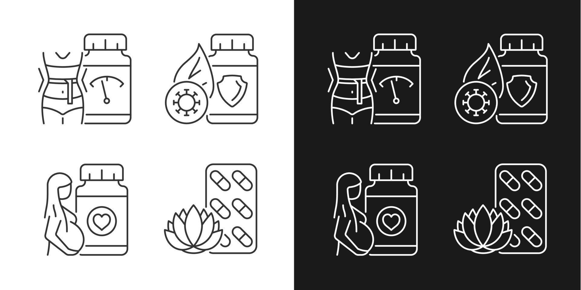 Food supplements linear icons set for dark and light mode. Pills for pregnant women. Immune boost supplements. Customizable thin line symbols. Isolated vector outline illustrations. Editable stroke