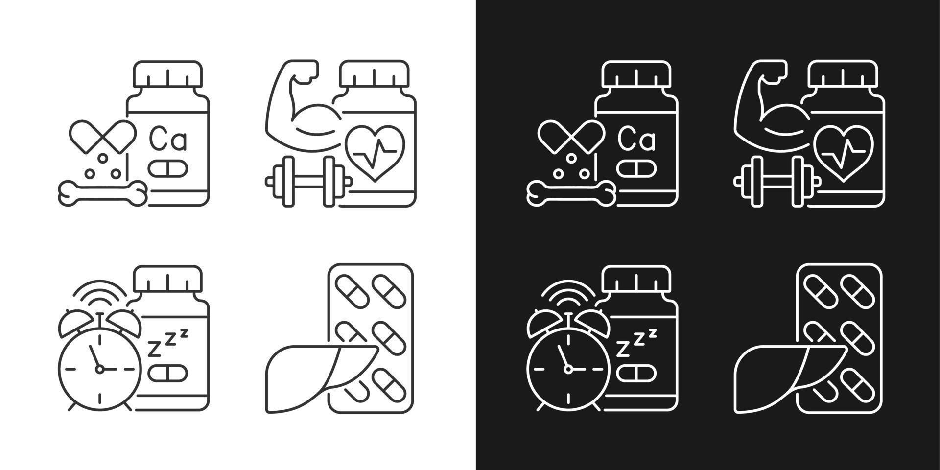 Food supplements linear icons set for dark and light mode. Strengthening bones. Cardiovascular tablets. Customizable thin line symbols. Isolated vector outline illustrations. Editable stroke