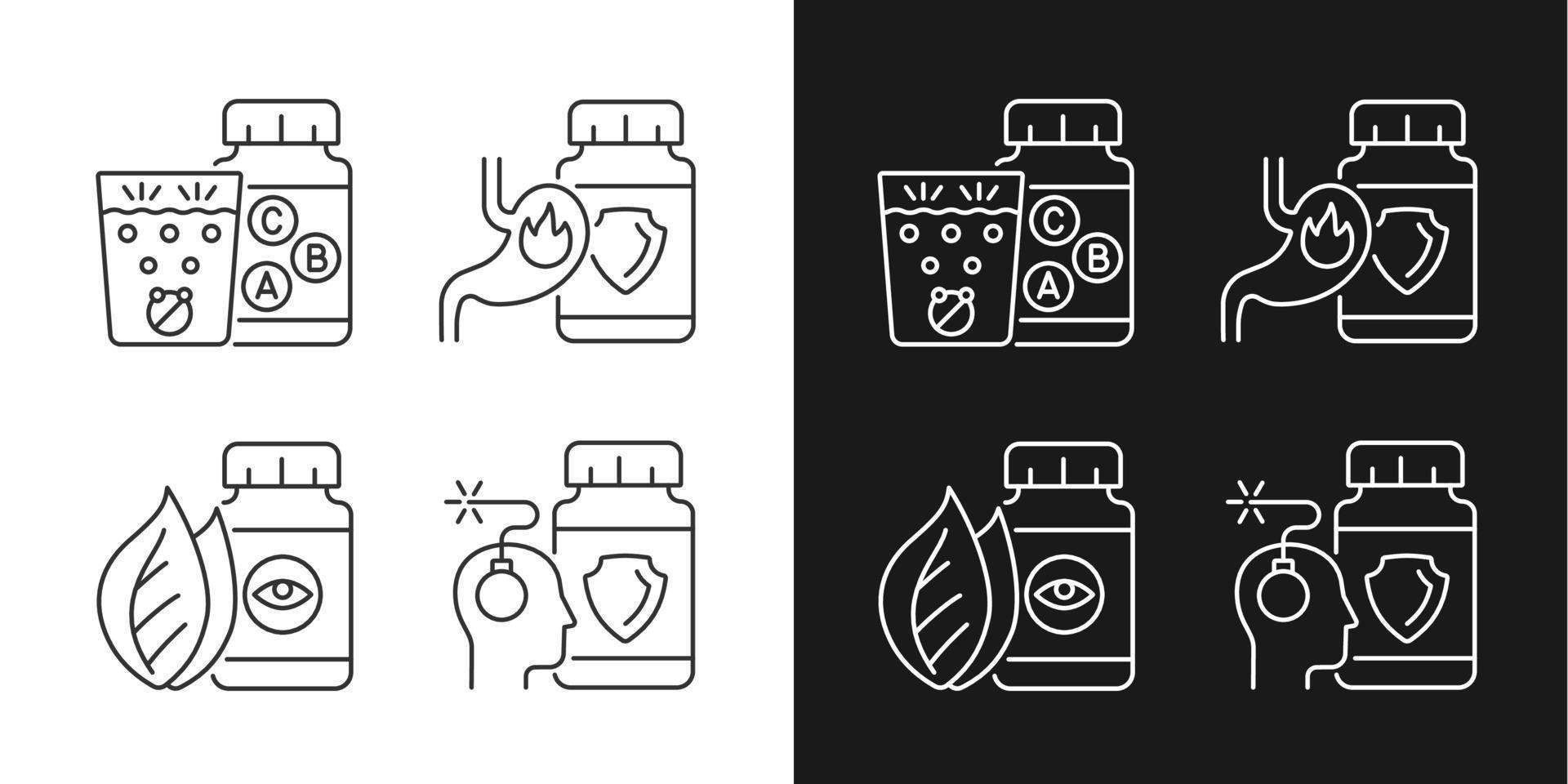 Food supplements linear icons set for dark and light mode. Heartburn relief. Water dissolving vitamin tablets. Customizable thin line symbols. Isolated vector outline illustrations. Editable stroke