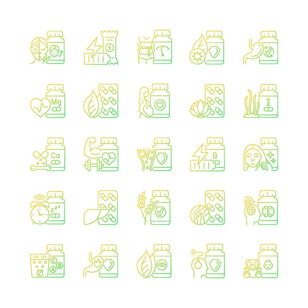 Food supplements gradient linear vector icons set. Source of vitamins and nutrients. Supplements for healthy life. Thin line contour symbols bundle. Isolated outline illustrations collection