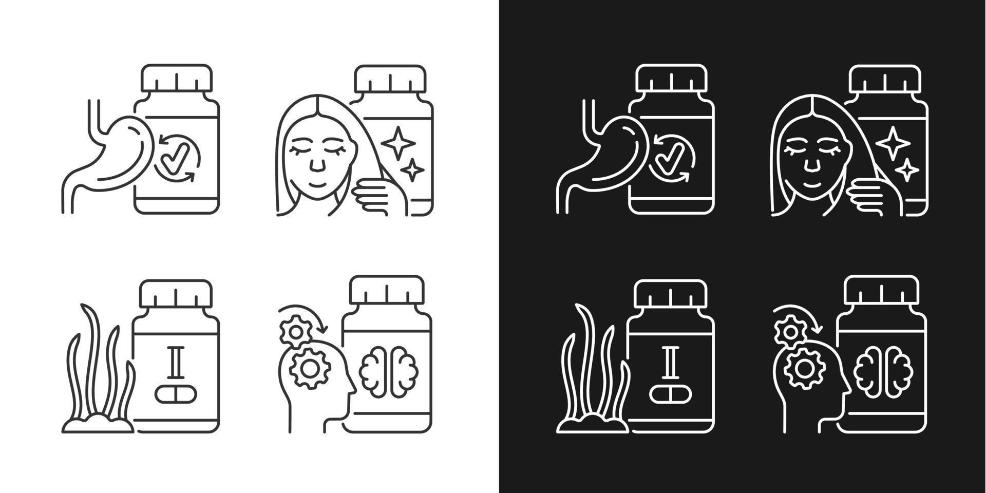 Food supplements linear icons set for dark and light mode. Medicine for better mental work. Iodine supplements. Customizable thin line symbols. Isolated vector outline illustrations. Editable stroke