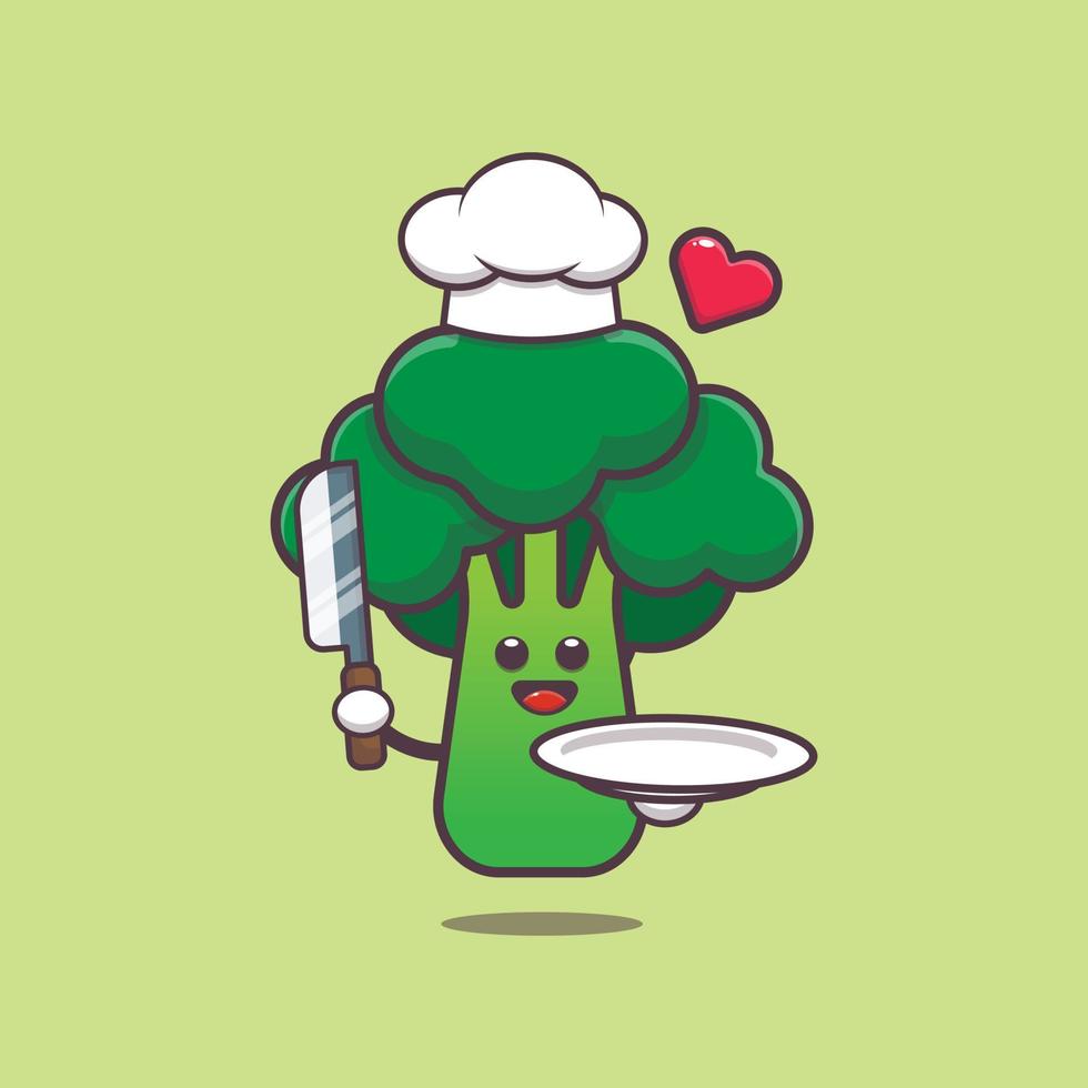 cute broccoli with chef hat holding knife and plate. vector