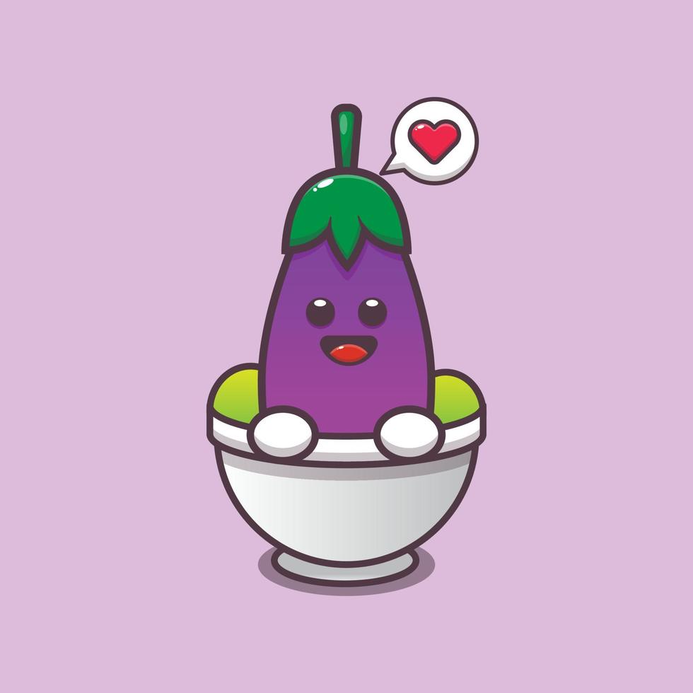 cute eggplant cartoon character in bowl vector