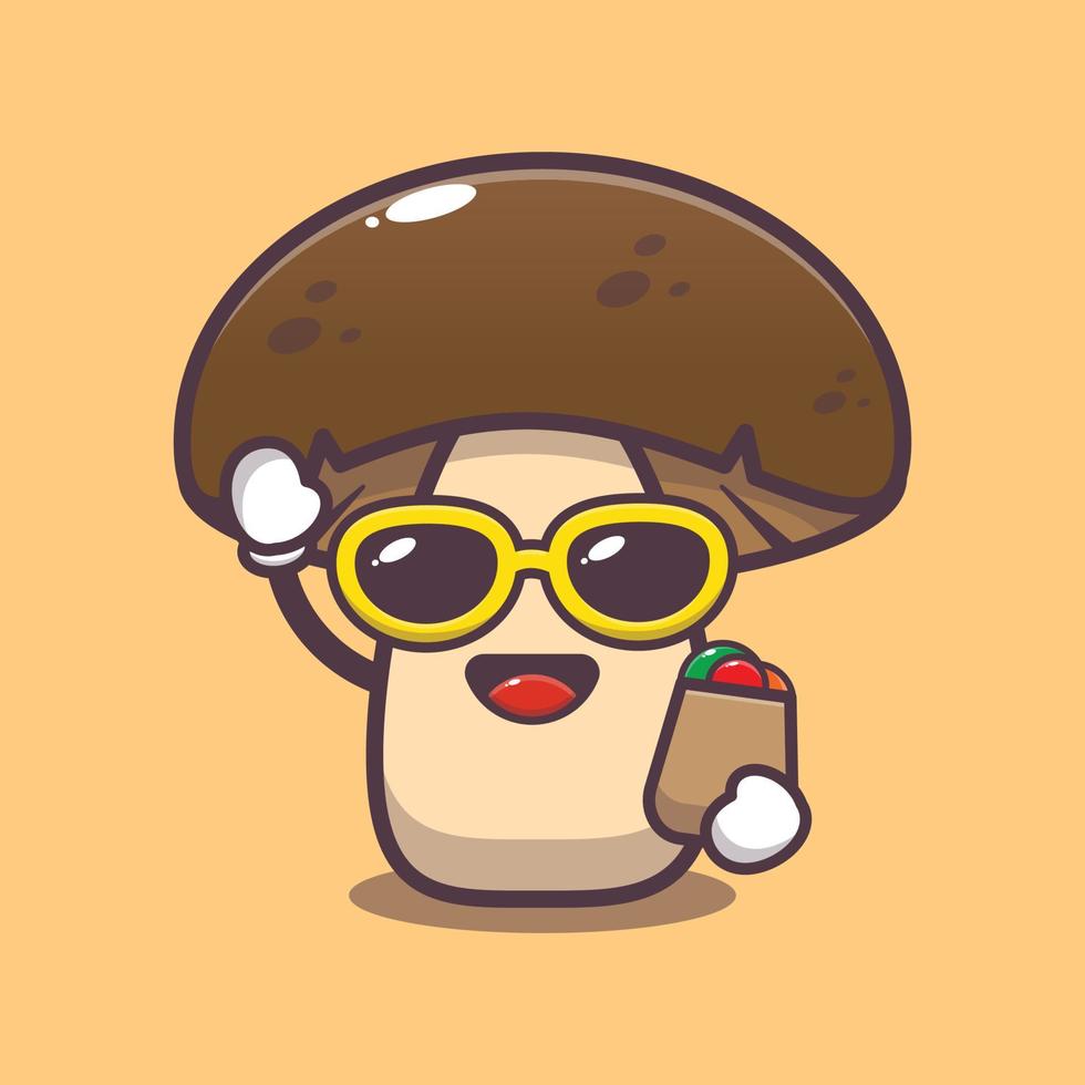 lindo personaje de dibujos animados de hongos en gafas de sol con bolsa de compras vector