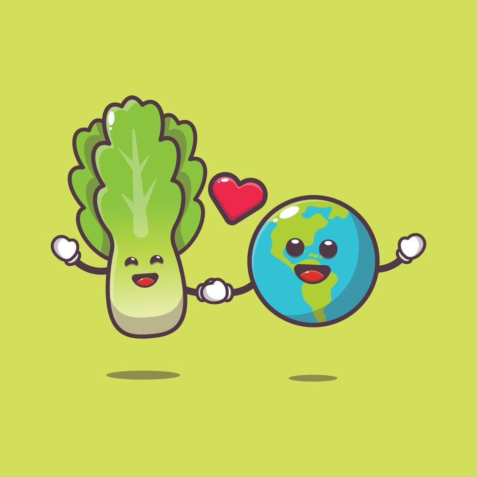 cute lettuce and earth cartoon character illustration vector
