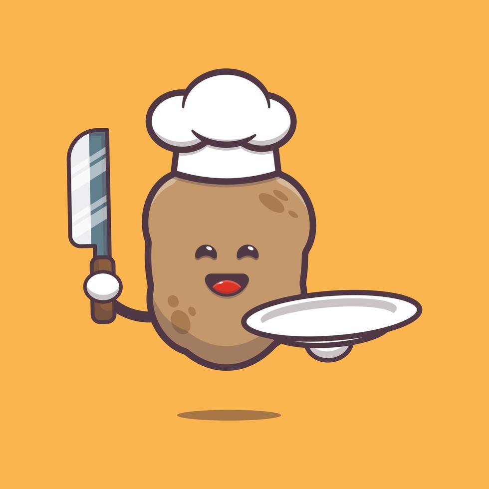 cute potato with chef hat holding knife and plate. vector