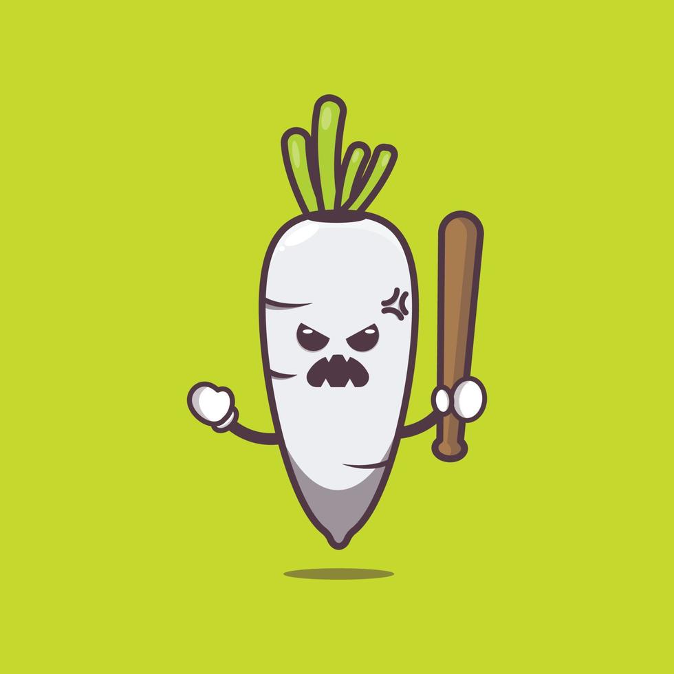 cute angry white radish cartoon mascot character holding baseball stick vector