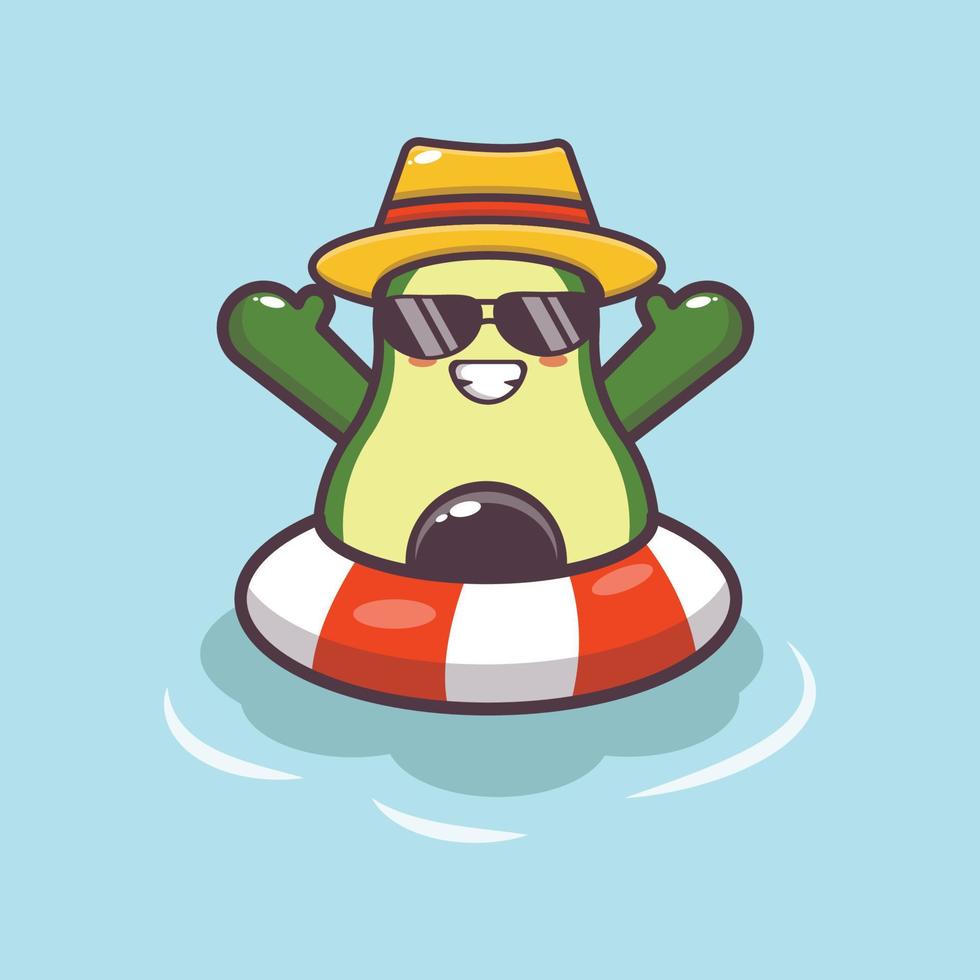 Cute avocado cartoon mascot character in sunglasses on pool float vector