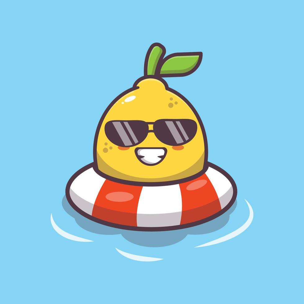 Cute lemon cartoon mascot character in sunglasses on pool float vector