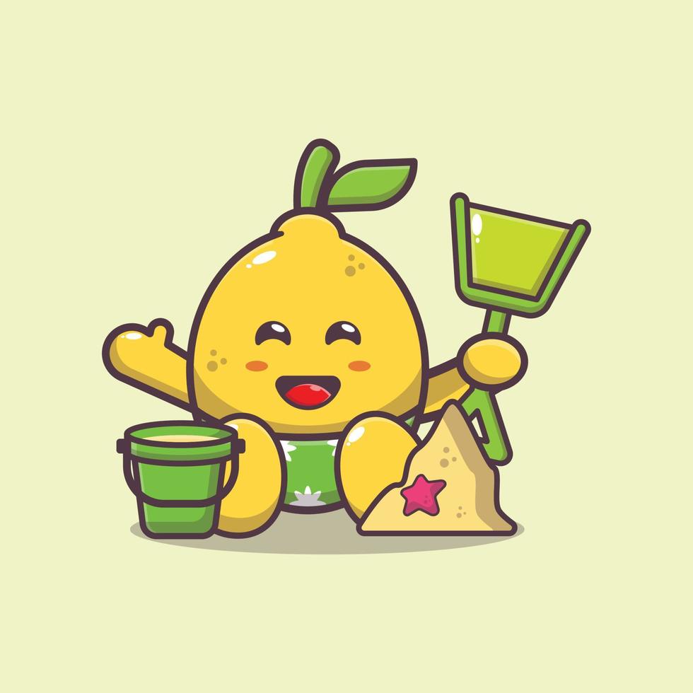 Cute lemon cartoon mascot character playing sand on beach vector