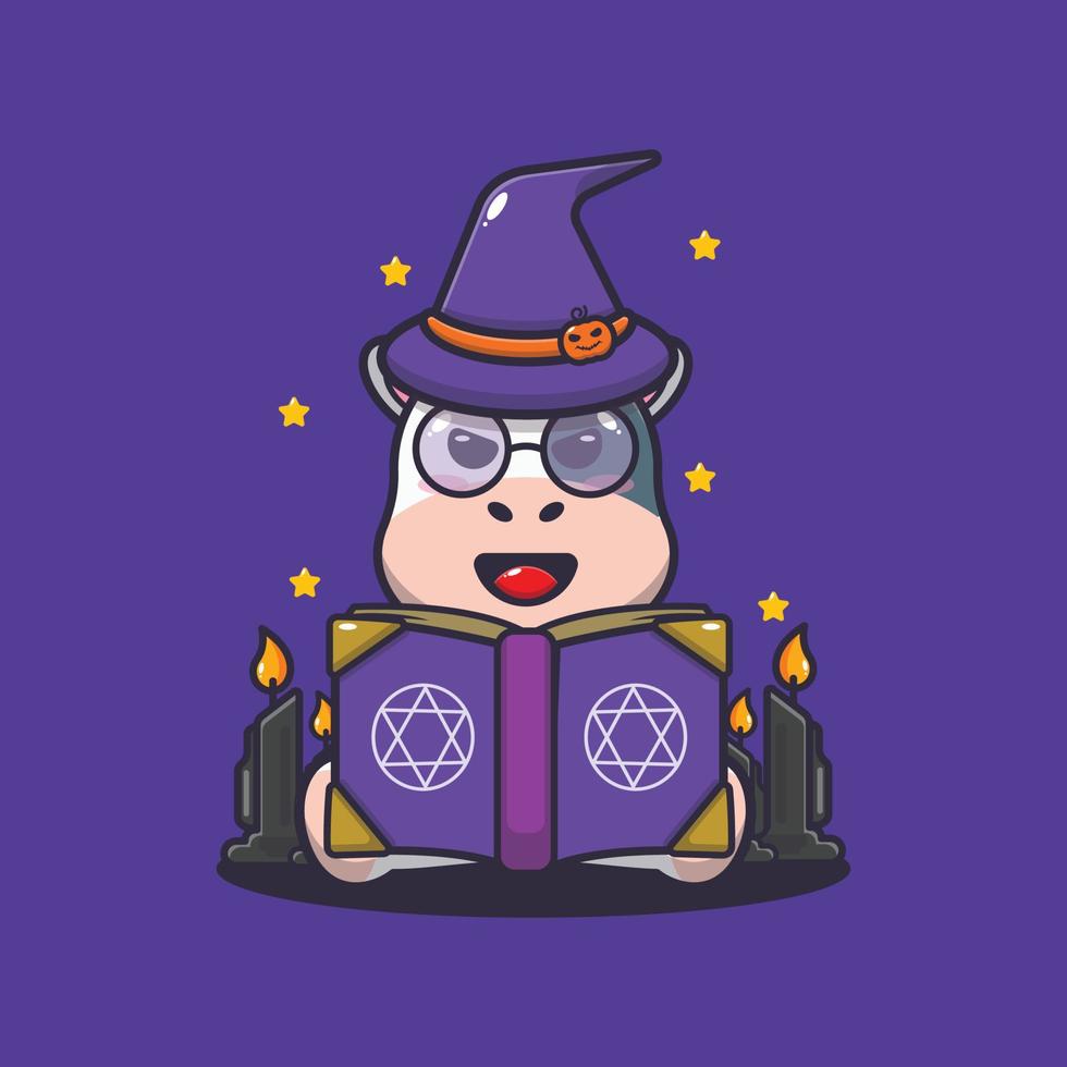 Cute cow witch read a spell from spell book vector