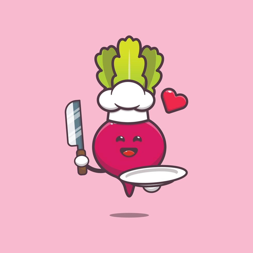 cute radish with chef hat holding knife and plate vector