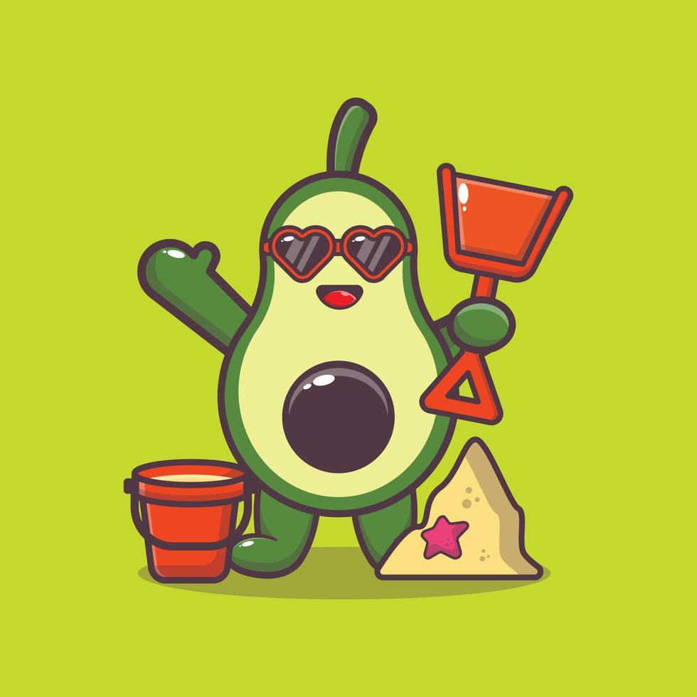 Cute avocado cartoon mascot character playing sand on beach vector