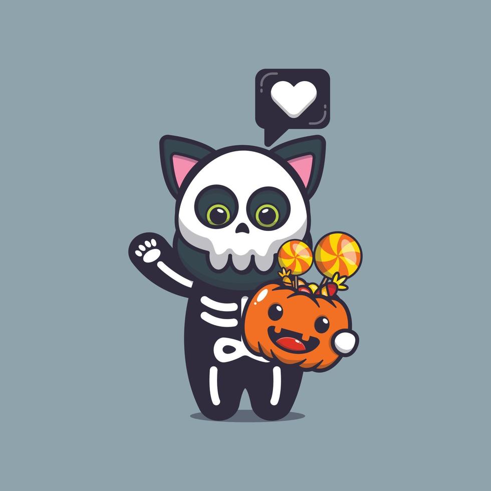 lindo gato con disfraz de esqueleto sosteniendo calabaza de halloween vector