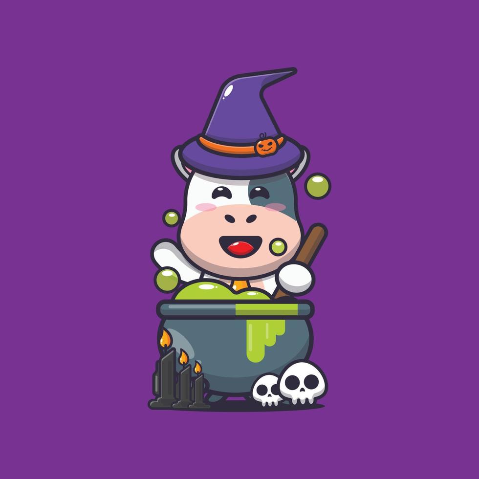 Cute cow witch making potion in halloween day vector