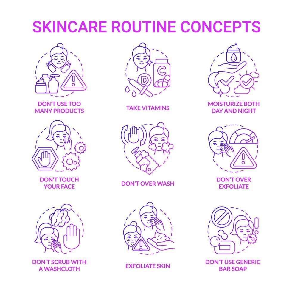 Skincare routine purple gradient concept icons set. Cosmetological procedures for face idea thin line color illustrations. Isolated outline drawings. Roboto-Medium, Myriad Pro-Bold fonts used vector