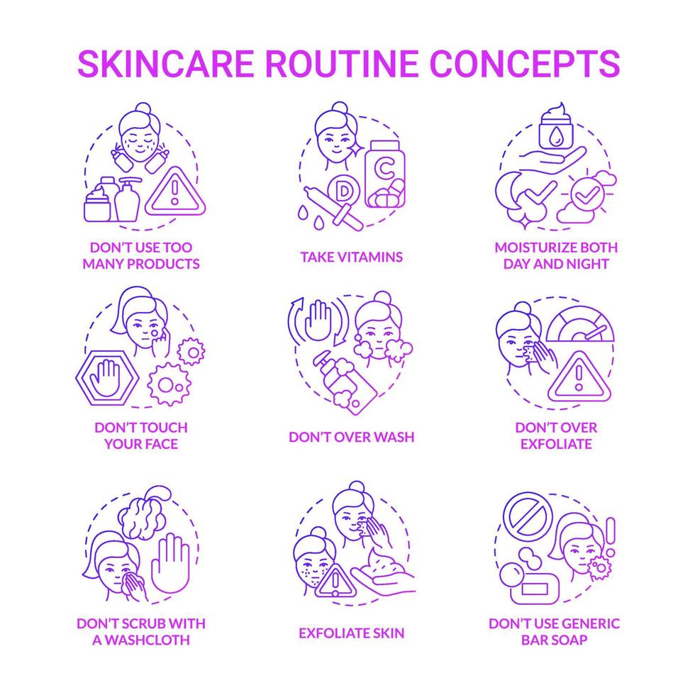 Skincare routine purple gradient concept icons set. Cosmetological procedures for face idea thin line color illustrations. Isolated outline drawings. Roboto-Medium, Myriad Pro-Bold fonts used vector