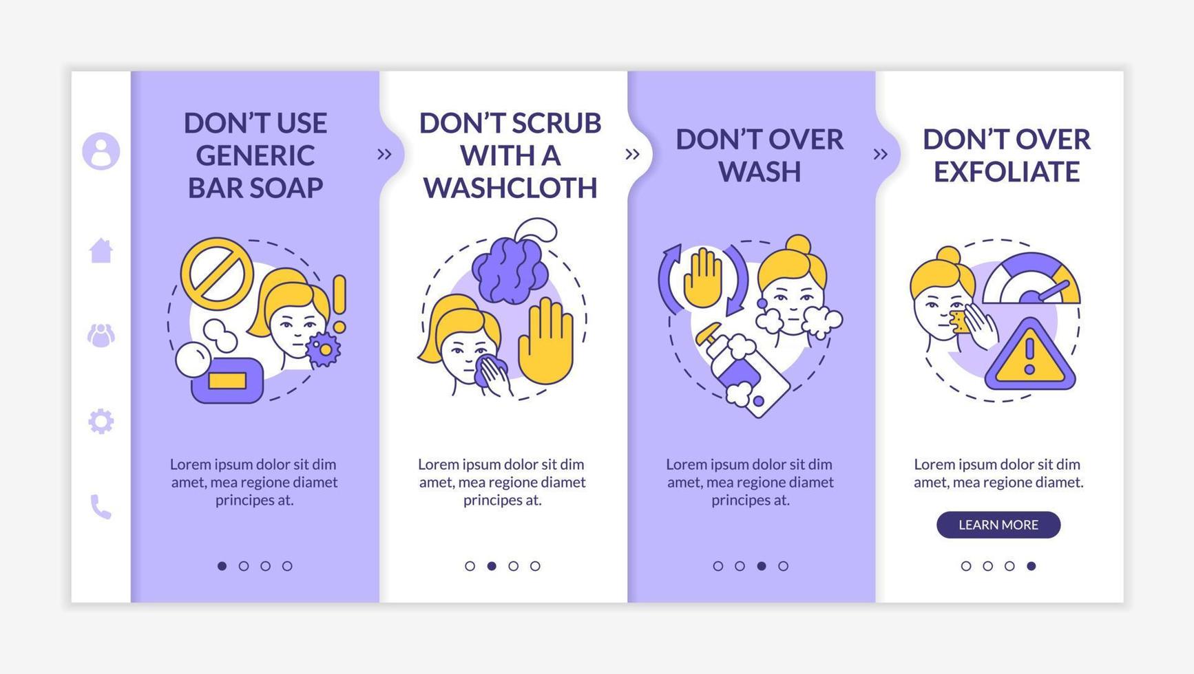 Skincare donts purple and white onboarding template. Wrong procedures. Responsive mobile website with linear concept icons. Web page walkthrough 4 step screens. Lato-Bold, Regular fonts used vector