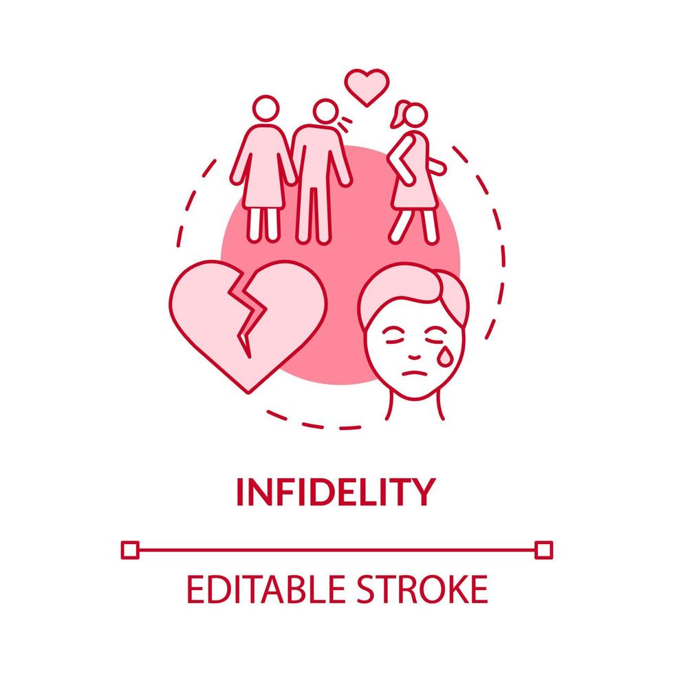 Infidelity pink concept icon. Partner cheater in couple. Divorce reason abstract idea thin line illustration. Isolated outline drawing. Editable stroke. Roboto-Medium, Myriad Pro-Bold fonts used vector