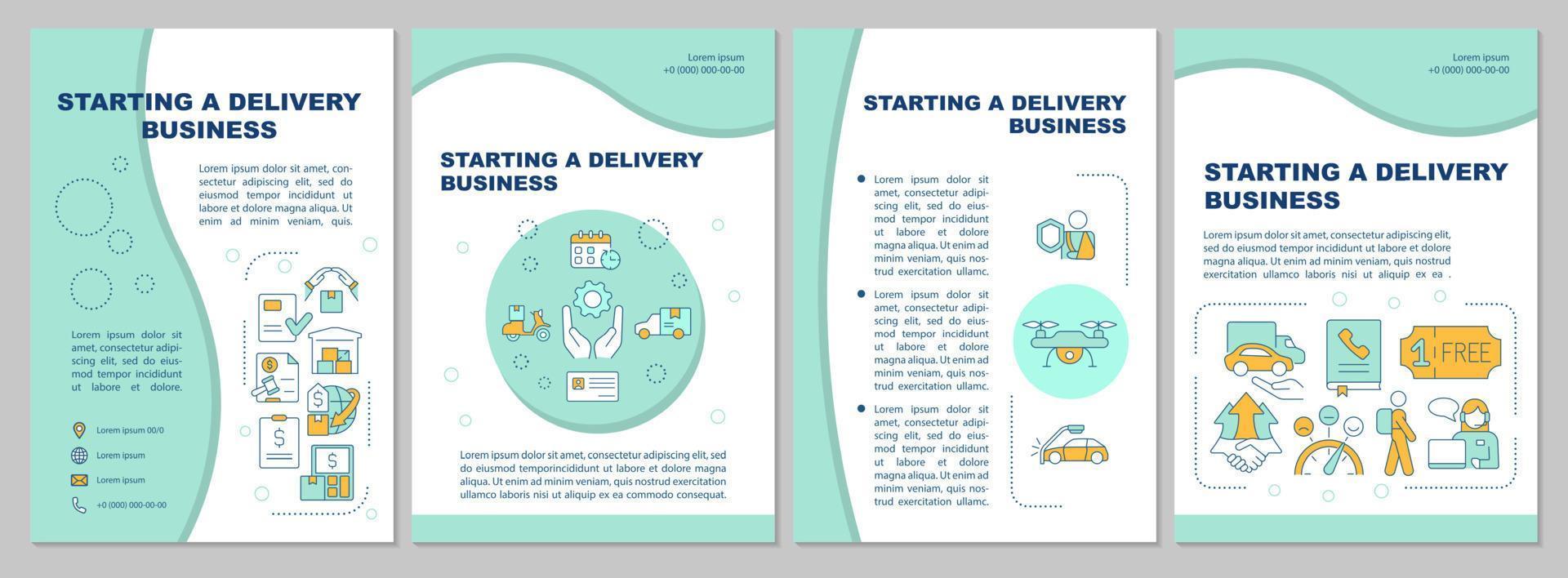 Starting delivery business mint brochure template. Shipment. Booklet print design with linear icons. Vector layouts for presentation, annual reports, ads. Arial-Black, Myriad Pro-Regular fonts used