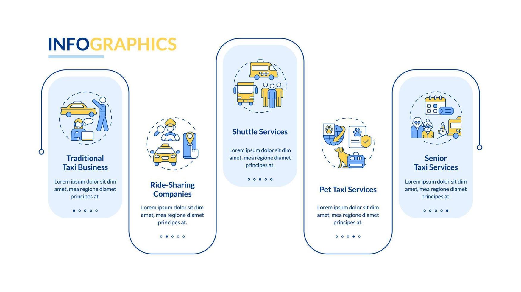 Taxi business types rectangle infographic template. Ride service. Data visualization with 5 steps. Process timeline info chart. Workflow layout with line icons. Lato-Bold, Lato-Regular fonts used vector