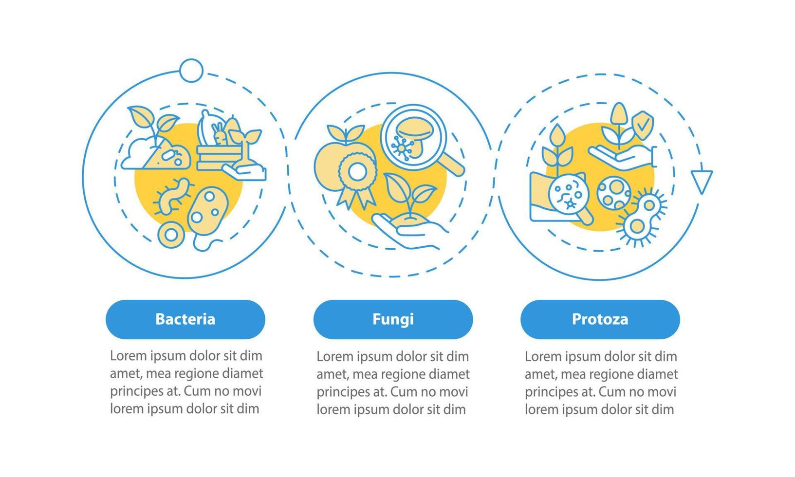 Managing soil microbes blue circle infographic template. Fungus. Data visualization with 3 steps. Process timeline info chart. Workflow layout with line icons. Myriad Pro-Bold, Regular fonts used vector