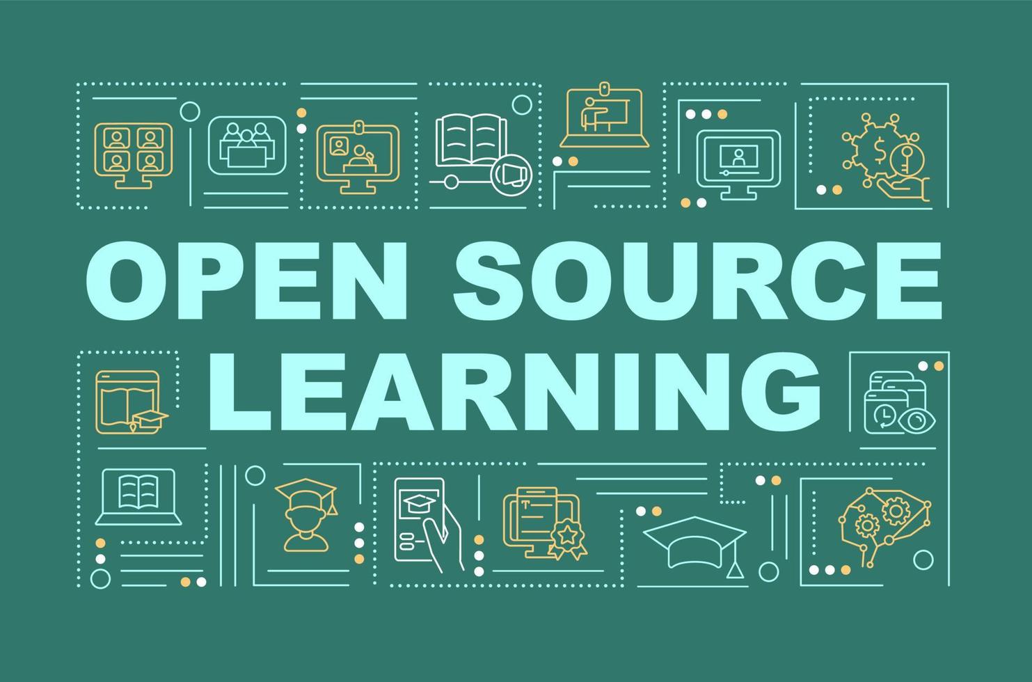 Open source learning word concepts green banner. Online education. Infographics with linear icons on background. Isolated typography. Vector color illustration with text. Arial-Black font used