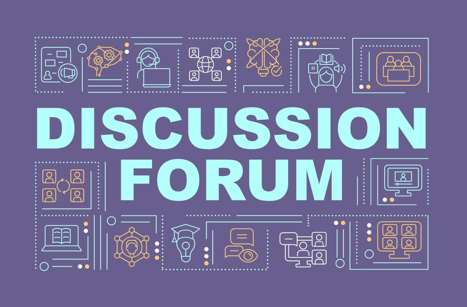 Discussion forum word concepts dark blue banner. Elearning. Infographics with linear icons on background. Isolated typography. Vector color illustration with text. Arial-Black font used