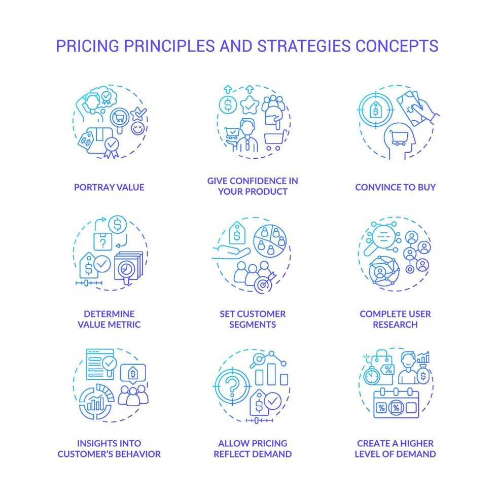 Pricing principles and strategies blue gradient concept icons set. Set customer segments idea thin line color illustrations. Isolated outline drawings. Roboto-Medium, Myriad Pro-Bold fonts used vector