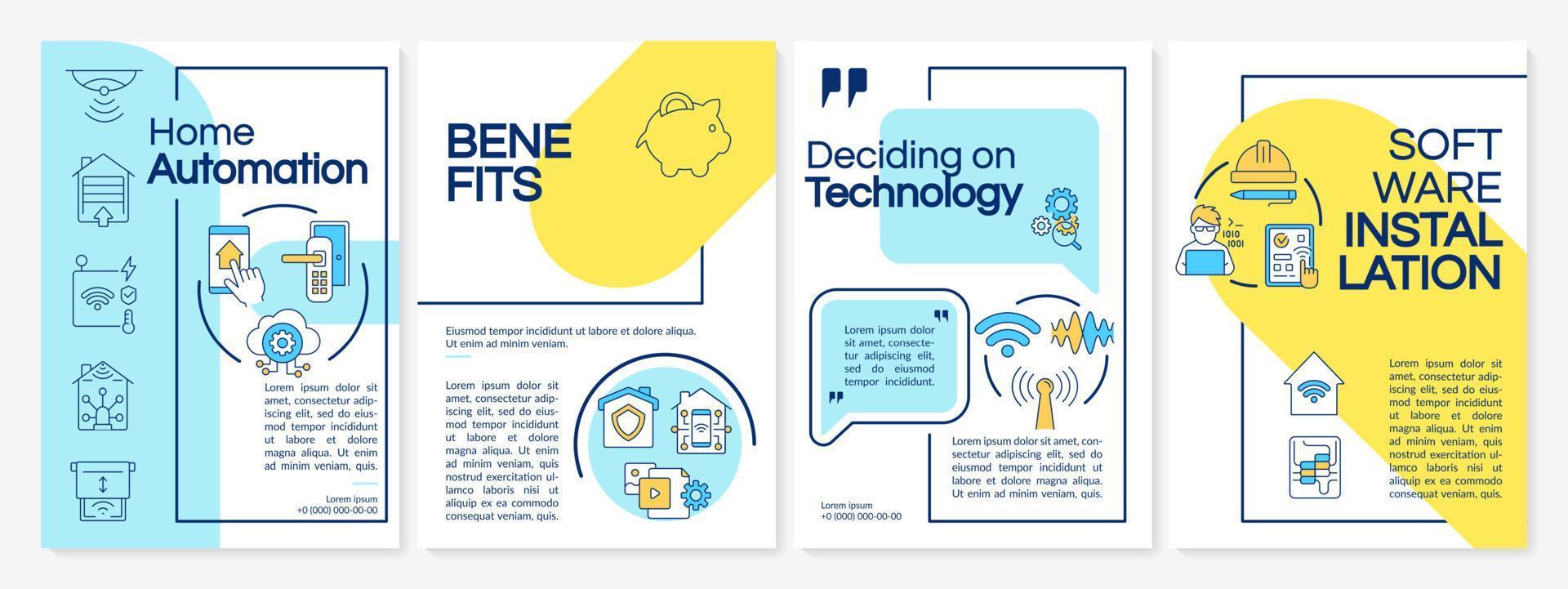 Home automation yellow, blue brochure template. Booklet print design with linear icons. Vector layouts for presentation, annual reports, ads. Arial Black, Myriad Pro Regular fonts used