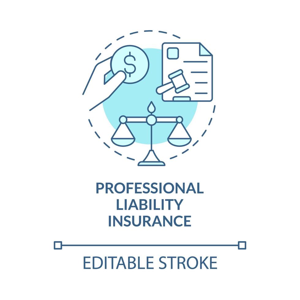 Professional liability insurance turquoise concept icon. Legislation abstract idea thin line illustration. Isolated outline drawing. Editable stroke. Roboto-Medium, Myriad Pro-Bold fonts used vector