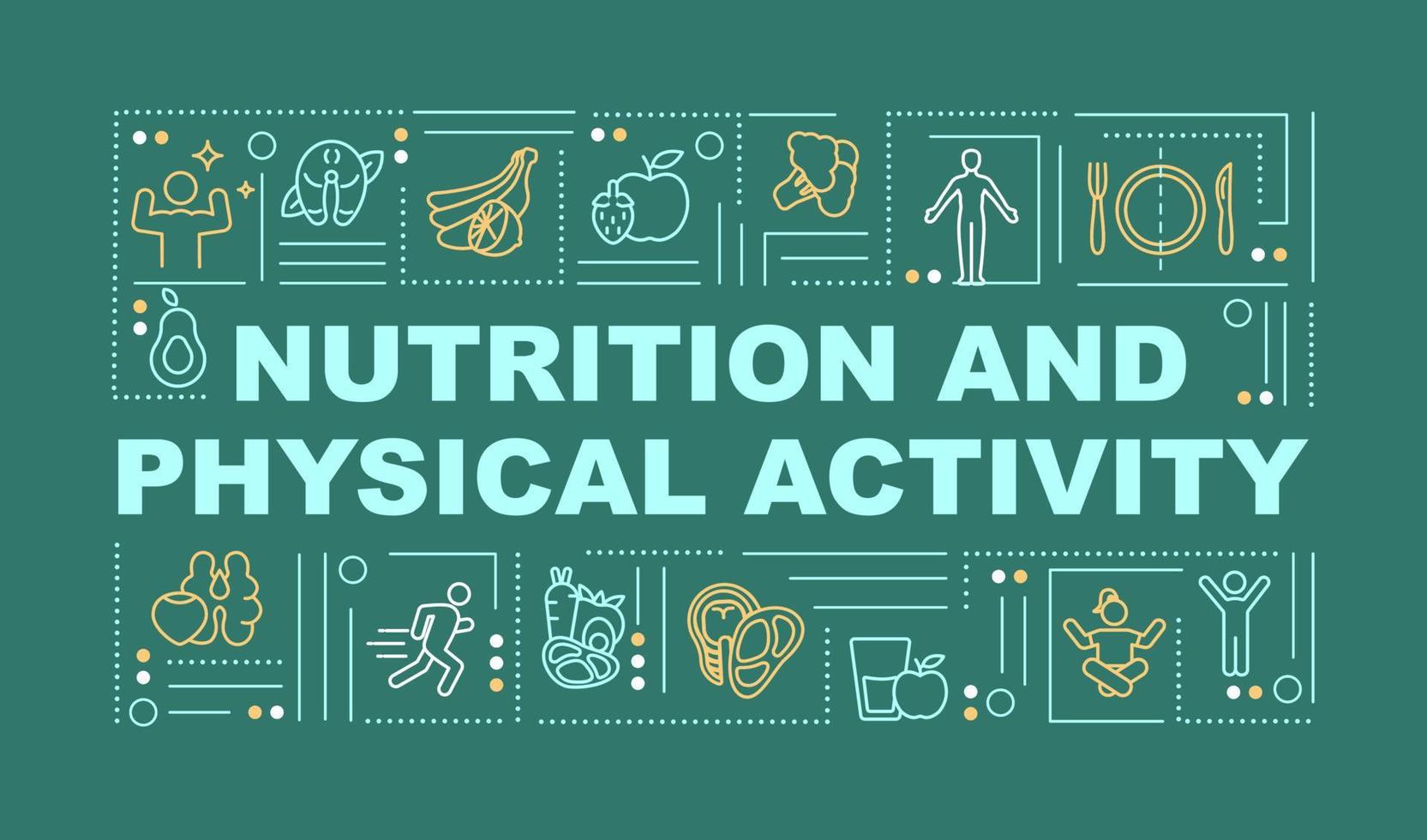 Diet and physical activity word concepts green banner. Infographics with linear icons on background. Isolated typography. Vector outline color illustration with text. Arial-Black font used