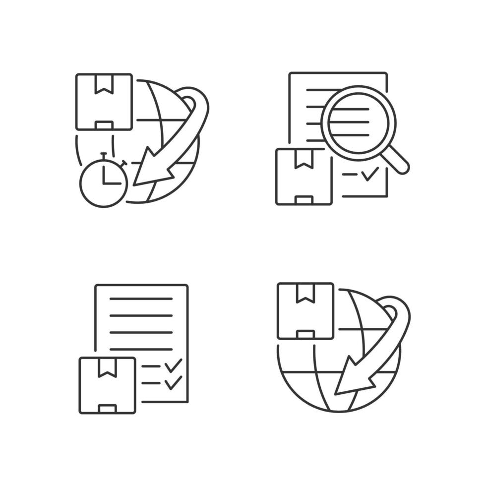 International delivery professional service linear icons set. Expedited parcels worldwide. Global logistic business. Customizable thin line contour symbols. Isolated vector outline illustrations