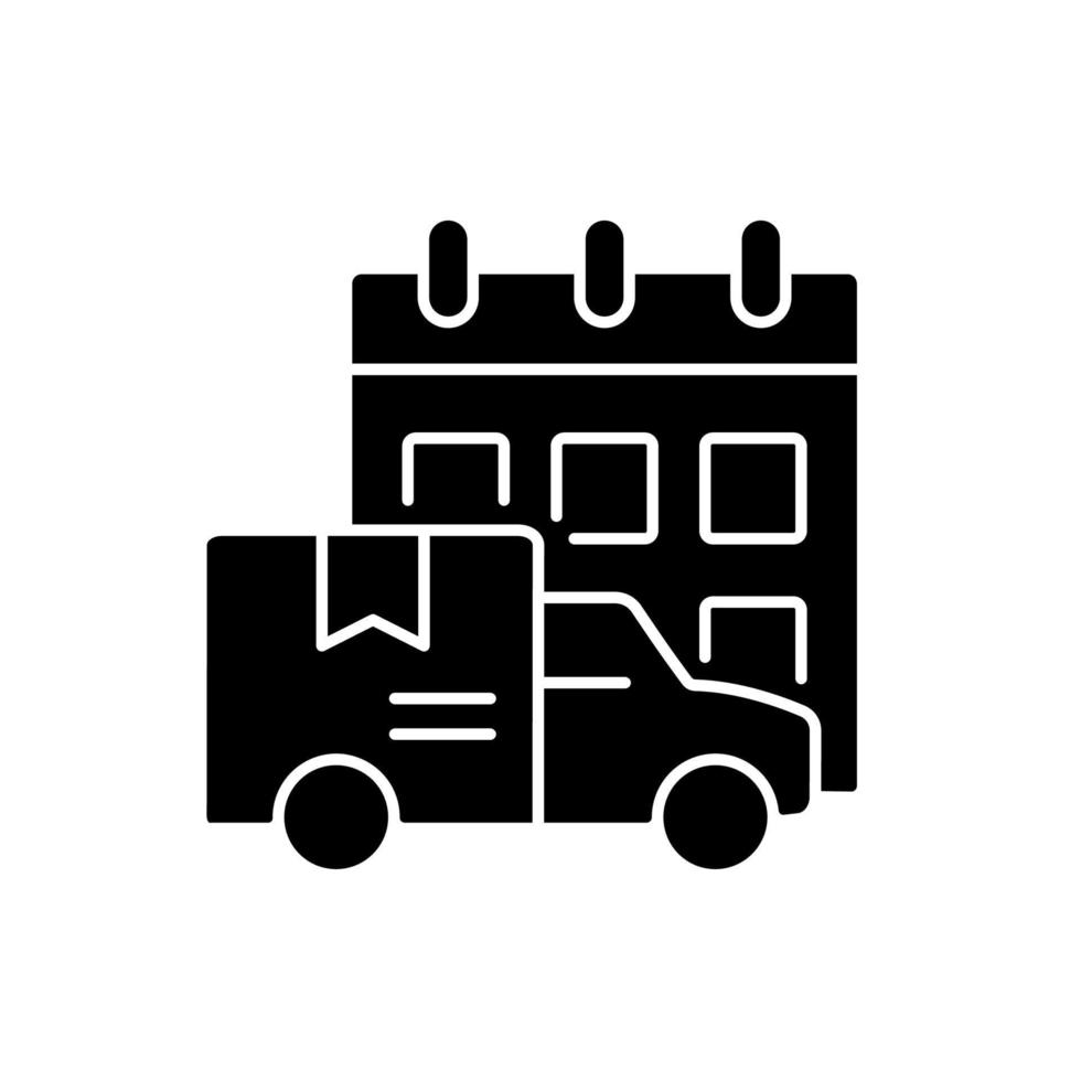 International orders shipping schedule black glyph icon. Cargo truckload delivery on-time. Shipment service for clients comfort. Silhouette symbol on white space. Vector isolated illustration