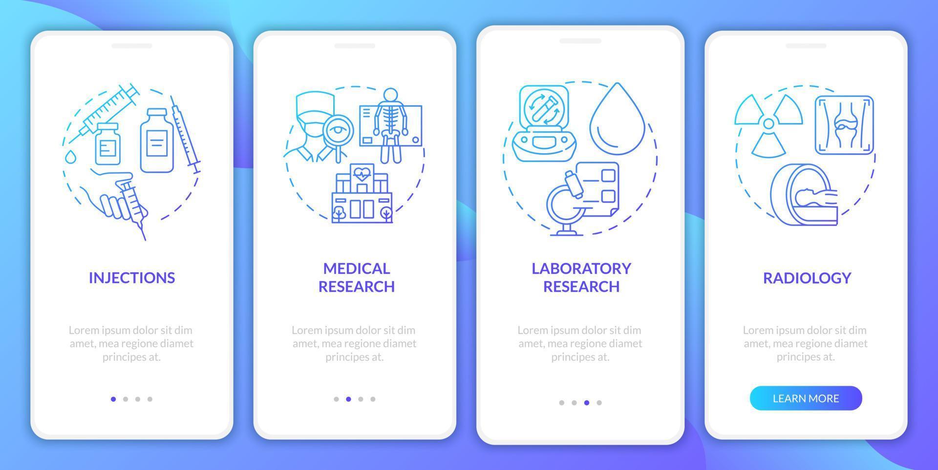 Arthritis clinic service blue gradient onboarding mobile app page screen. Healthcare walkthrough 4 steps graphic instructions with concepts. UI, UX, GUI vector template with linear color illustrations