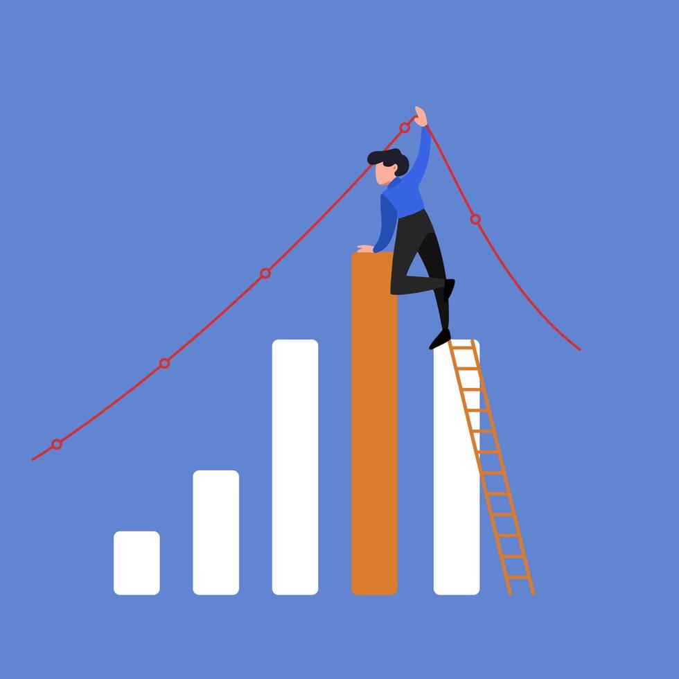 empresario de dibujo plano de negocios subiendo en la escalera para ajustar el gráfico de tendencia alcista en la pared. representa el éxito financiero, el mercado de valores alcista, buenas ventas, ganancias, crecimiento. ilustración vectorial de dibujos animados vector